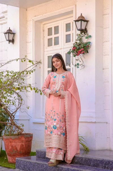 Premium Heavy Chinon Silk Plazzo Suit Set with  Sequins Embroidery, Diamond Handwork, Full-Stitched Top & Palazzo, and Designer Cutwork Dupatta  Ready To Wear Collection