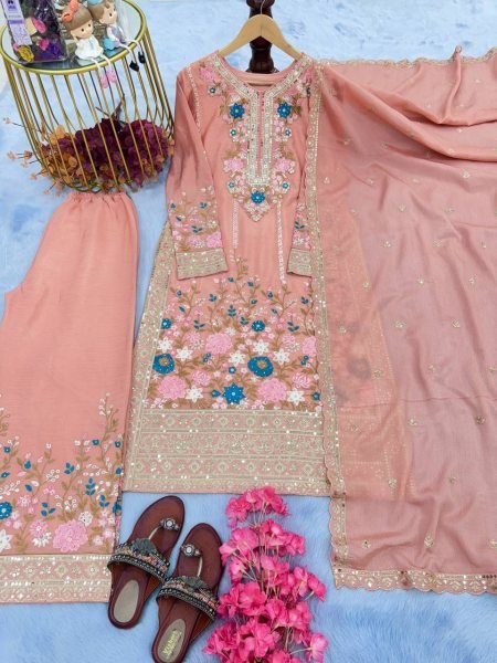 Premium Heavy Chinon Silk Plazzo Suit Set with  Sequins Embroidery, Diamond Handwork, Full-Stitched Top & Palazzo, and Designer Cutwork Dupatta  Ready To Wear Collection