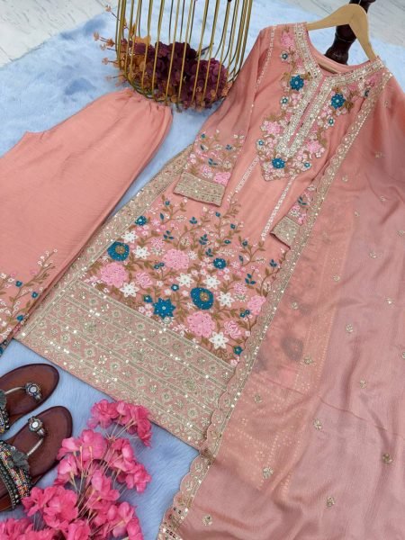 Premium Heavy Chinon Silk Plazzo Suit Set with  Sequins Embroidery, Diamond Handwork, Full-Stitched Top & Palazzo, and Designer Cutwork Dupatta  Ready To Wear Collection