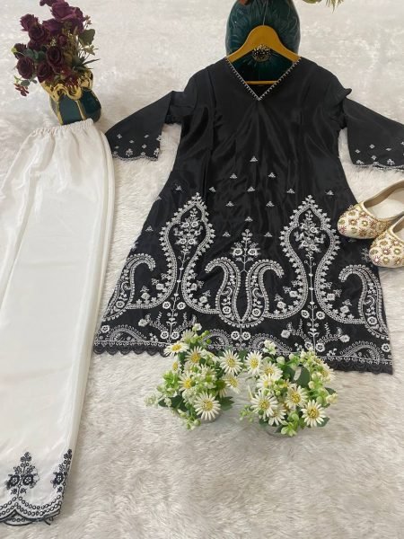 Premium Heavy Embroidered Natural Crepe Co Ord Suit Set Fully Stitched Party Wear Kurta with Stylish Bottom for Women Embroidery Kurtis 