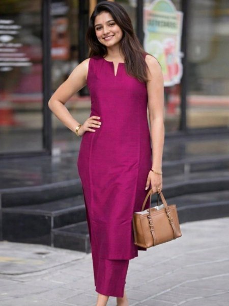 Premium Hot Pink Roman Silk Sleeveless Kurti Pant Set for Women with Full Lining and Pocket Ready to Wear Kurtis