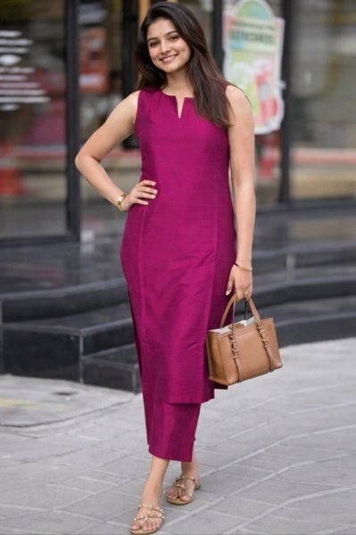Premium Hot Pink Roman Silk Sleeveless Kurti Pant Set for Women with Full Lining and Pocket Ready to Wear Kurti With Bottom Wholesale