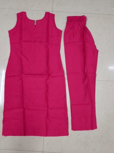 Premium Hot Pink Roman Silk Sleeveless Kurti Pant Set for Women with Full Lining and Pocket Ready to Wear Kurti With Bottom Wholesale
