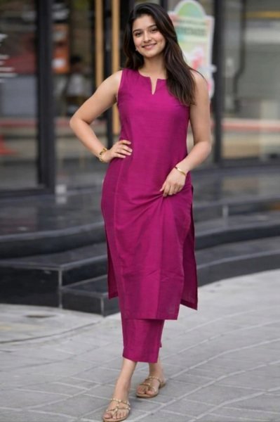 Premium Hot Pink Roman Silk Sleeveless Kurti Pant Set for Women with Full Lining and Pocket Ready to Wear Kurti With Bottom Wholesale