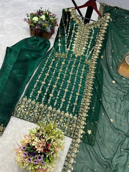 Premium Jimmy Choo Silk Kurta With Embroidery Sequence Pant And Dupatta Set Ready To Wear Collection