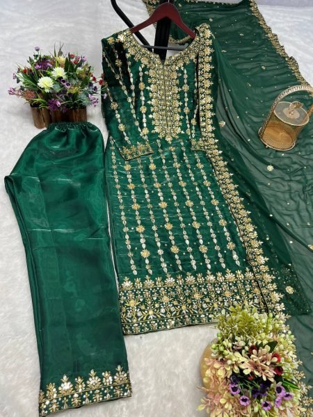 Premium Jimmy Choo Silk Kurta With Embroidery Sequence Pant And Dupatta Set Ready To Wear Collection