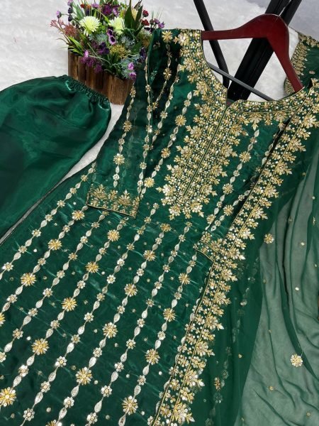 Premium Jimmy Choo Silk Kurta With Embroidery Sequence Pant And Dupatta Set Ready To Wear Collection