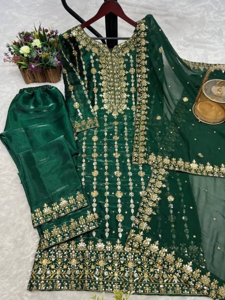 Premium Jimmy Choo Silk Kurta With Embroidery Sequence Pant And Dupatta Set Ready To Wear Collection