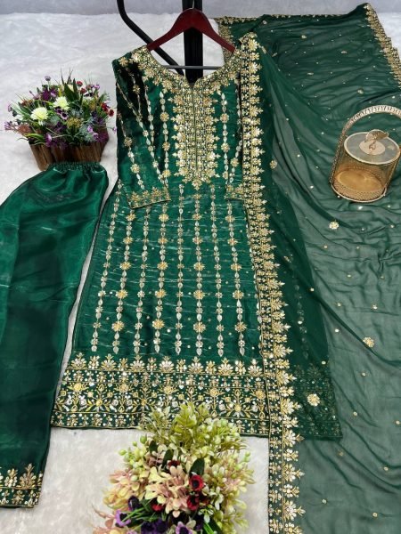 Premium Jimmy Choo Silk Kurta With Embroidery Sequence Pant And Dupatta Set Ready To Wear Collection