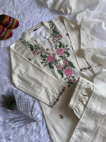 Premium Khadi Cotton Embroidered Kurti Pant Set with Zig Zag Border Dupatta for Resellers and Retailers  Embroidery Kurtis 
