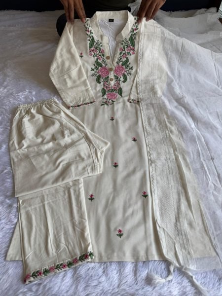 Premium Khadi Cotton Embroidered Kurti Pant Set with Zig Zag Border Dupatta for Resellers and Retailers  Embroidery Kurtis 