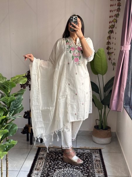 Premium Khadi Cotton Embroidered Kurti Pant Set with Zig Zag Border Dupatta for Resellers and Retailers  Embroidery Kurtis 