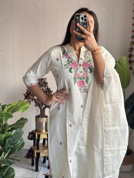 Premium Khadi Cotton Embroidered Kurti Pant Set with Zig Zag Border Dupatta for Resellers and Retailers  Embroidery Kurtis 