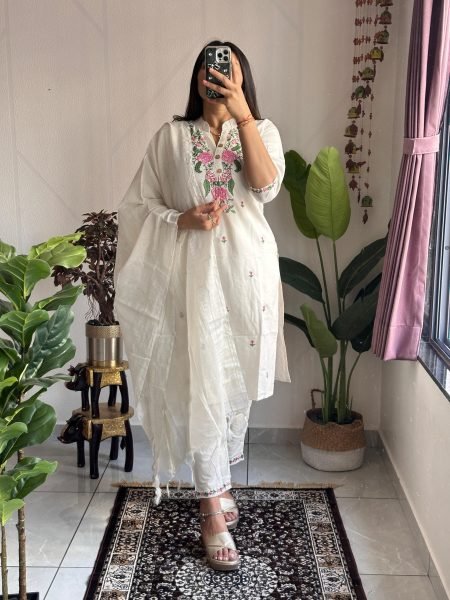Premium Khadi Cotton Embroidered Kurti Pant Set with Zig Zag Border Dupatta for Resellers and Retailers  Embroidery Kurtis 