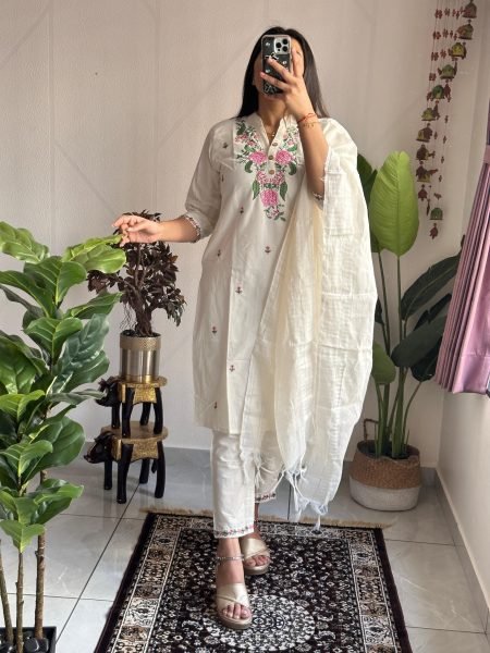 Premium Khadi Cotton Embroidered Kurti Pant Set with Zig Zag Border Dupatta for Resellers and Retailers  Embroidery Kurtis 