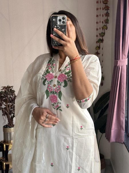 Premium Khadi Cotton Embroidered Kurti Pant Set with Zig Zag Border Dupatta for Resellers and Retailers  Embroidery Kurtis 