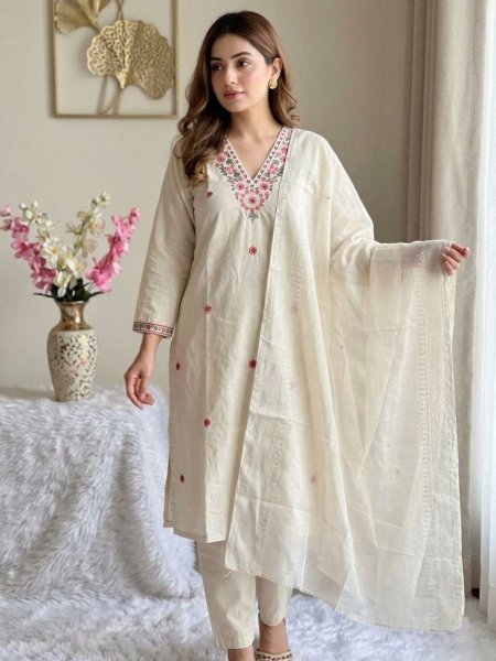 Premium Khadi Cotton Embroidered Kurti Pant Set with Zig Zag Border Dupatta for Women  