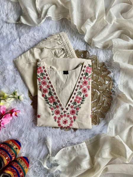 Premium Khadi Cotton Embroidered Kurti Pant Set with Zig Zag Border Dupatta for Women  Embroidery Kurtis 
