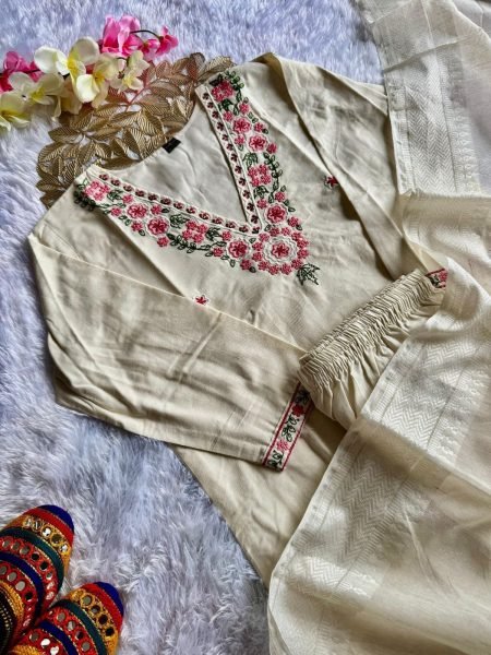 Premium Khadi Cotton Embroidered Kurti Pant Set with Zig Zag Border Dupatta for Women  Embroidery Kurtis 