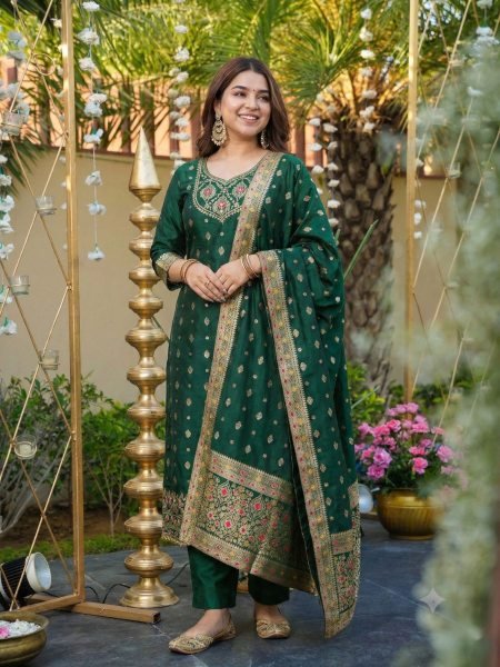 Premium Mahendi Art Silk Kurti With Jacquard Dupatta For Women s 3 Piece Straight Kurti Set Kurtis