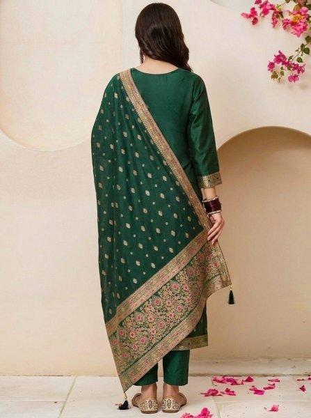 Premium Mahendi Art Silk Kurti With Jacquard Dupatta For Women s 3 Piece Straight Kurti Set 3 Piece Kurti Set
