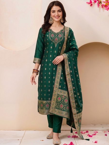 Premium Mahendi Art Silk Kurti With Jacquard Dupatta For Women s 3 Piece Straight Kurti Set 3 Piece Kurti Set