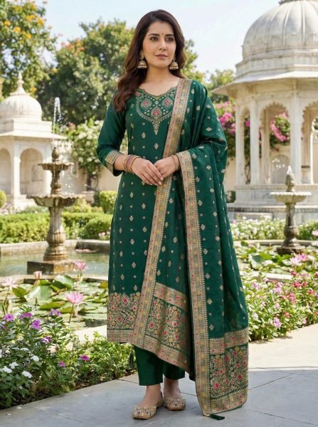 Premium Mahendi Art Silk Kurti With Jacquard Dupatta For Women s 3 Piece Straight Kurti Set 3 Piece Kurti Set