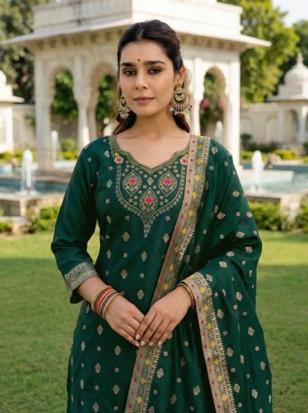 Premium Mahendi Art Silk Kurti With Jacquard Dupatta For Women s 3 Piece Straight Kurti Set 3 Piece Kurti Set