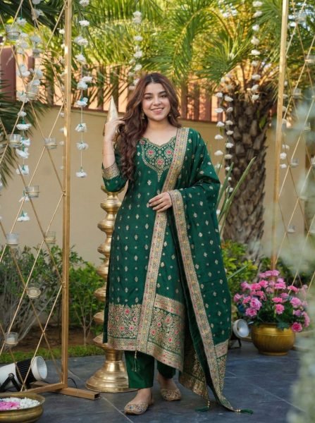 Premium Mahendi Art Silk Kurti With Jacquard Dupatta For Women s 3 Piece Straight Kurti Set 3 Piece Kurti Set