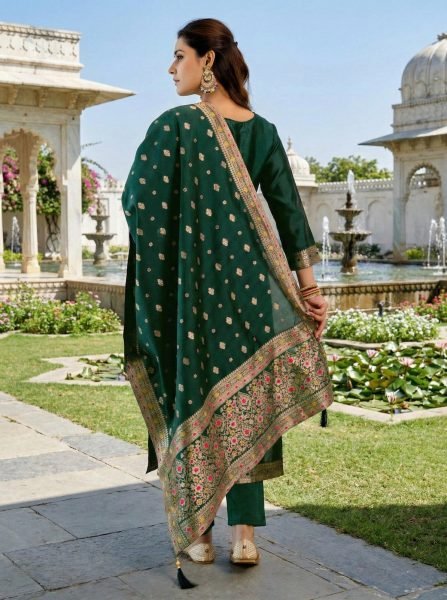 Premium Mahendi Art Silk Kurti With Jacquard Dupatta For Women s 3 Piece Straight Kurti Set 3 Piece Kurti Set