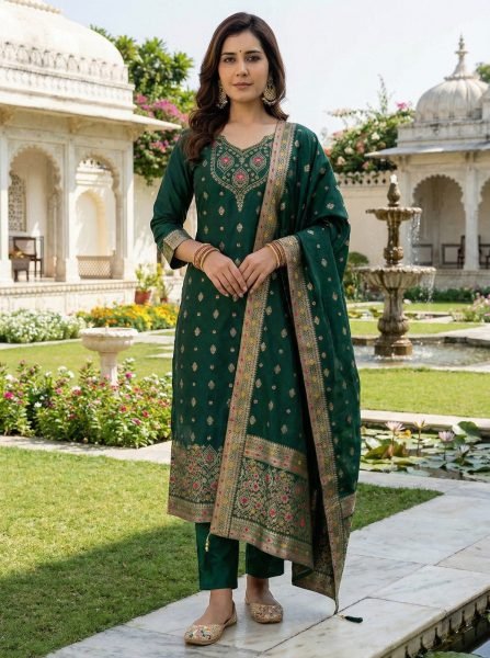 Premium Mahendi Art Silk Kurti With Jacquard Dupatta For Women s 3 Piece Straight Kurti Set 3 Piece Kurti Set