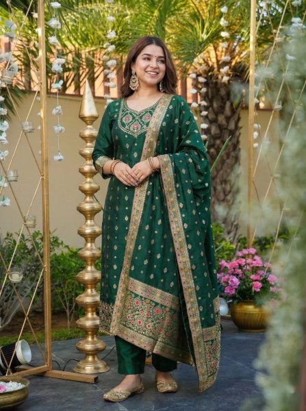Premium Mahendi Art Silk Kurti With Jacquard Dupatta For Women s 3 Piece Straight Kurti Set 3 Piece Kurti Set