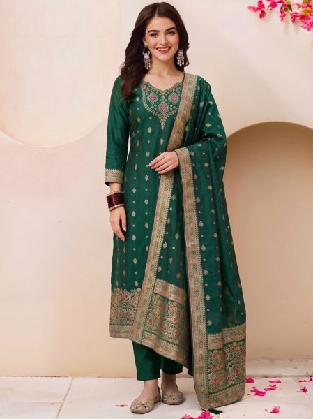 Premium Mahendi Art Silk Kurti With Jacquard Dupatta For Women s 3 Piece Straight Kurti Set 3 Piece Kurti Set