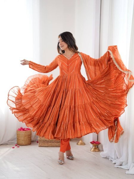 Premium Mal Chanderi Ruffle Gown with Real Mirror Handwork   Dupatta At Manufacturer Rate