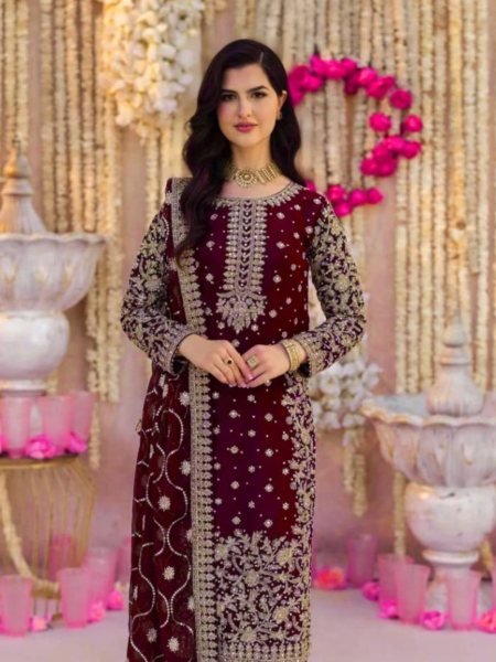 Premium Maroon Faux Georgette Heavy Embroidered Suit with Dupatta Bridal Function Look Ready To Wear Suit