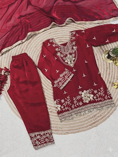 Premium Maroon Girls Palazzo Suit with Dupatta for Eid Celebration Girls Wear