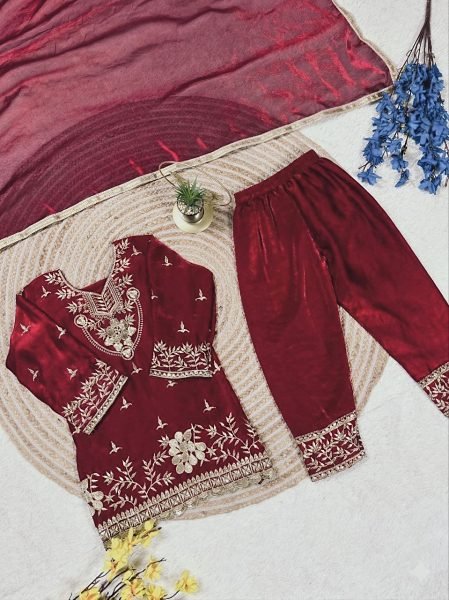 Premium Maroon Girls Palazzo Suit with Dupatta for Eid Celebration Girls Wear