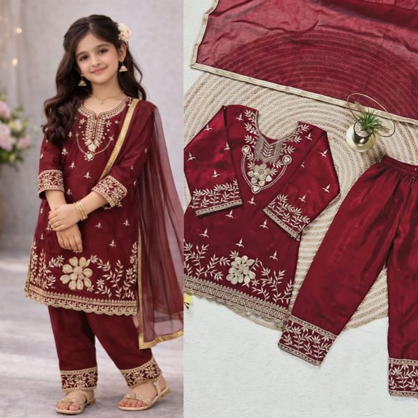 Premium Maroon Girls Palazzo Suit with Dupatta for Eid Celebration Girls Wear