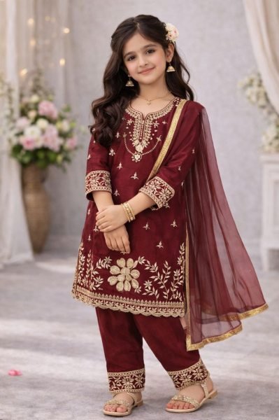 Premium Maroon Girls Palazzo Suit with Dupatta for Eid Celebration Girls Wear