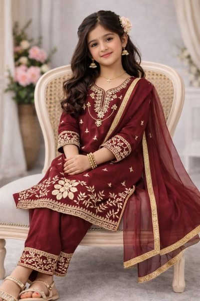 Premium Maroon Girls Palazzo Suit with Dupatta for Eid Celebration Girls Wear