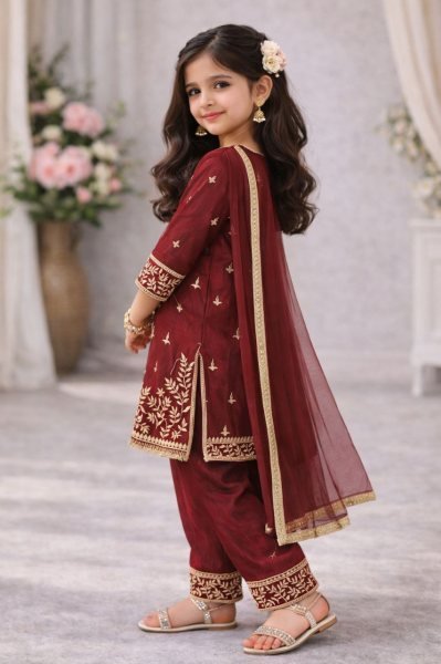 Premium Maroon Girls Palazzo Suit with Dupatta for Eid Celebration Girls Wear
