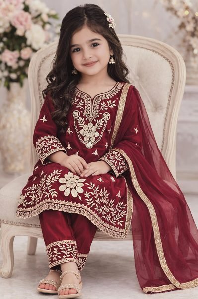 Premium Maroon Girls Palazzo Suit with Dupatta for Eid Celebration Girls Wear