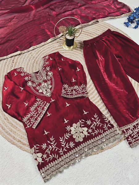 Premium Maroon Girls Palazzo Suit with Dupatta for Eid Celebration Girls Wear