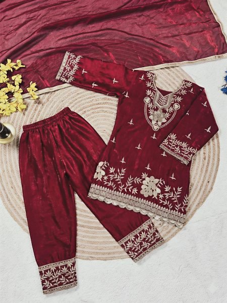 Premium Maroon Girls Palazzo Suit with Dupatta for Eid Celebration Girls Wear
