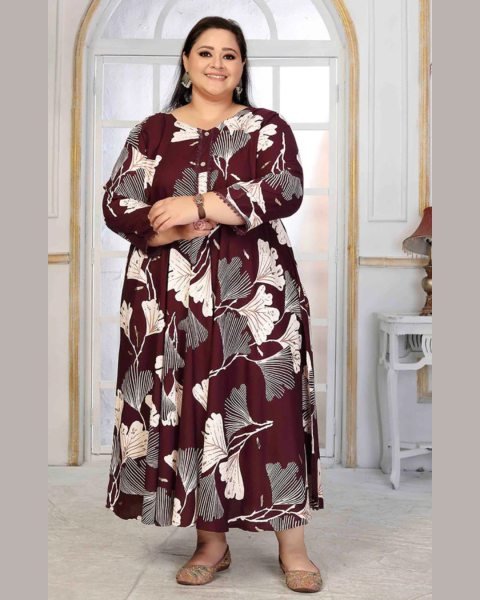 Premium Maroon Plus Size Long Kurti in Rayon Fabric for Casual Wear Plus Size Kurti / Gown