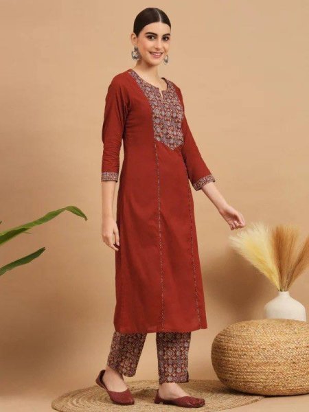 Premium Maroon Rayon Slub Printed Kurti Palazzo Set with Chanderi Printed Dupatta Printed Kurtis