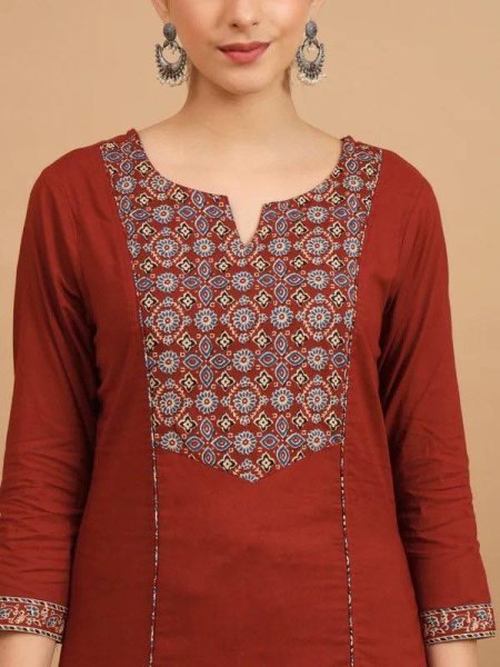 Premium Maroon Rayon Slub Printed Kurti Palazzo Set with Chanderi Printed Dupatta Printed Kurtis