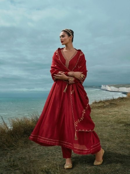 Premium Maroon Vichitra Silk Top Bottom Set with Embroidered Dupatta For Women Embroidery Kurtis 