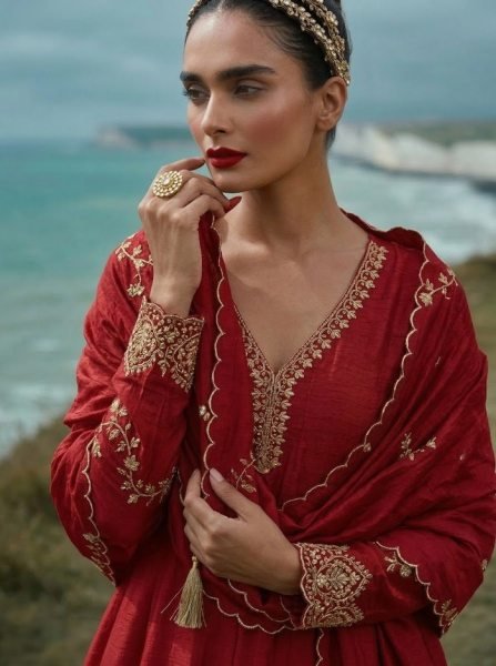 Premium Maroon Vichitra Silk Top Bottom Set with Embroidered Dupatta For Women Embroidery Kurtis 