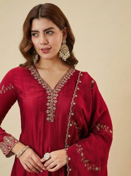 Premium Maroon Vichitra Silk Top Bottom Set with Embroidered Dupatta For Women Embroidery Kurtis 